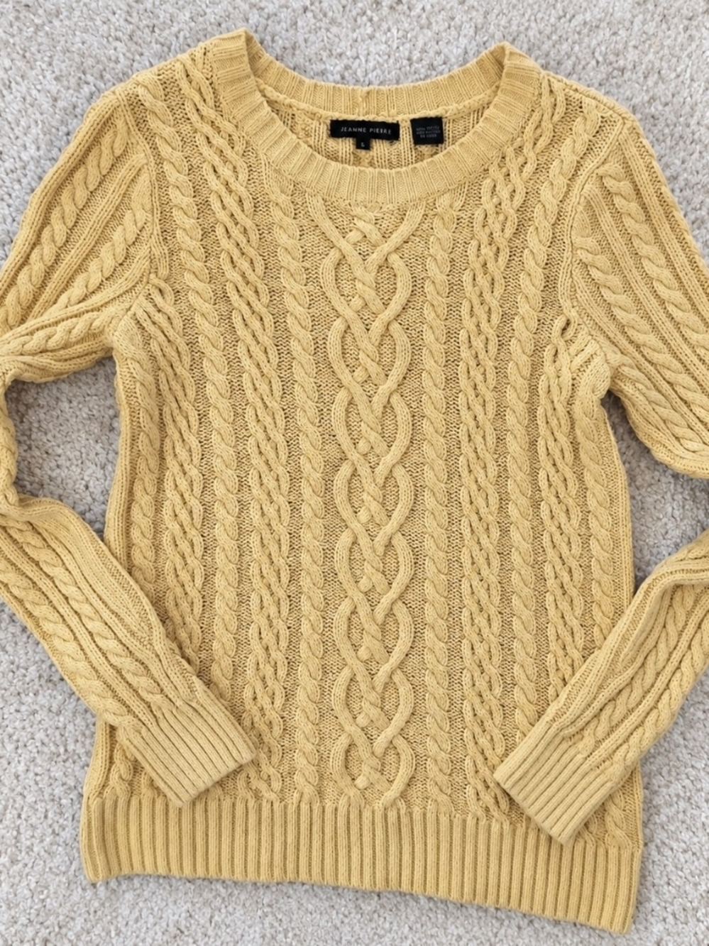 JEANNE PIERRE Cable Knit Crewneck Sweater in Yellow